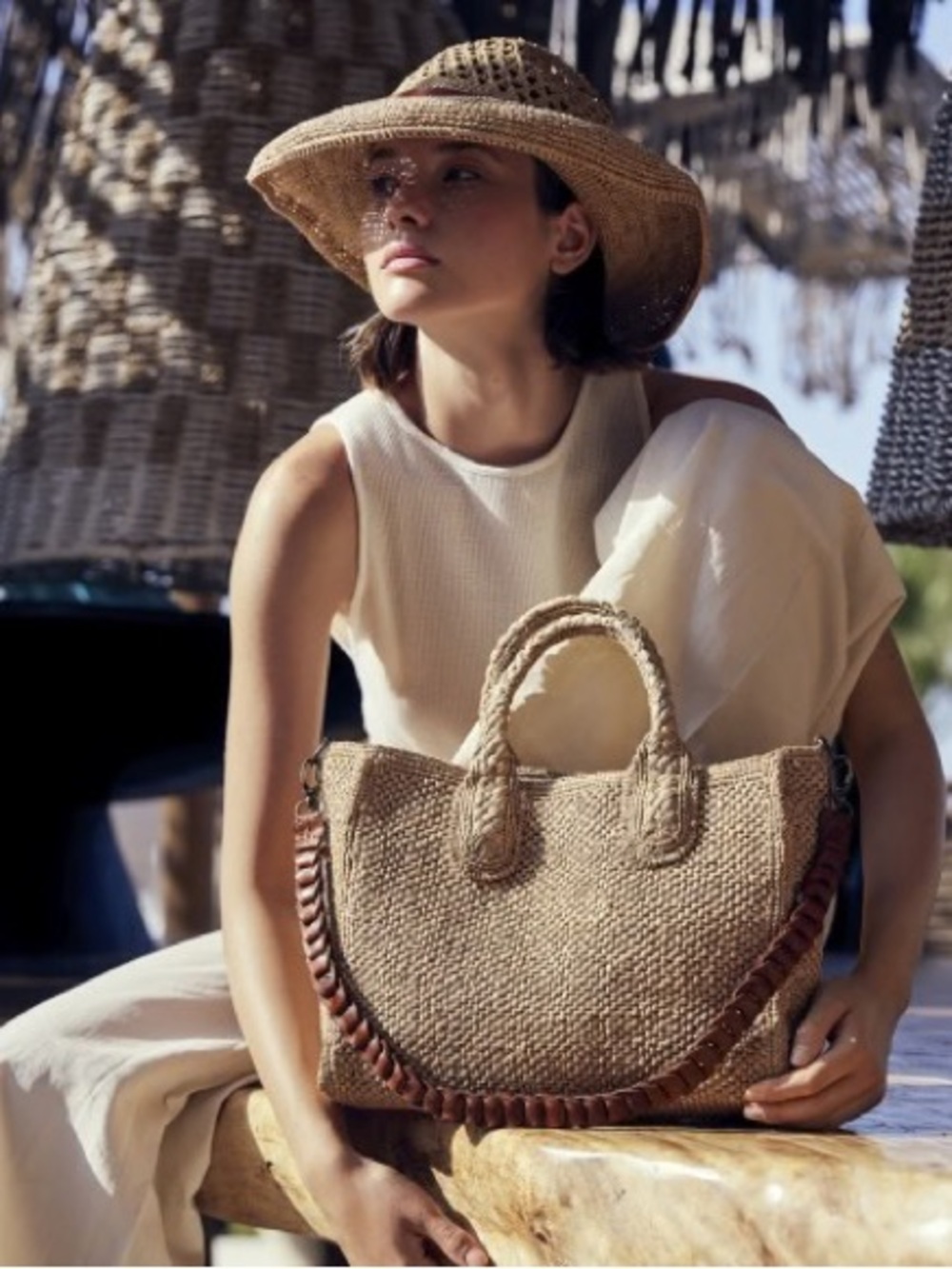 NWT IBELIV Rary Dark Tea Woven Raffia Tote Bag Leather Strap Luxury Summer